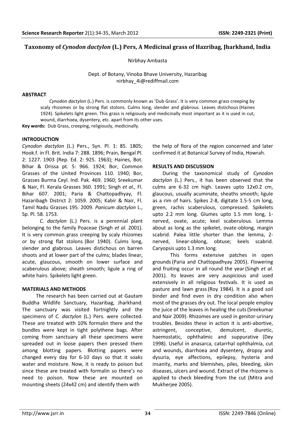 Taxonomy of Cynodon Dactylon (L.) Pers, a Medicinal Grass of Hazribag, Jharkhand, India