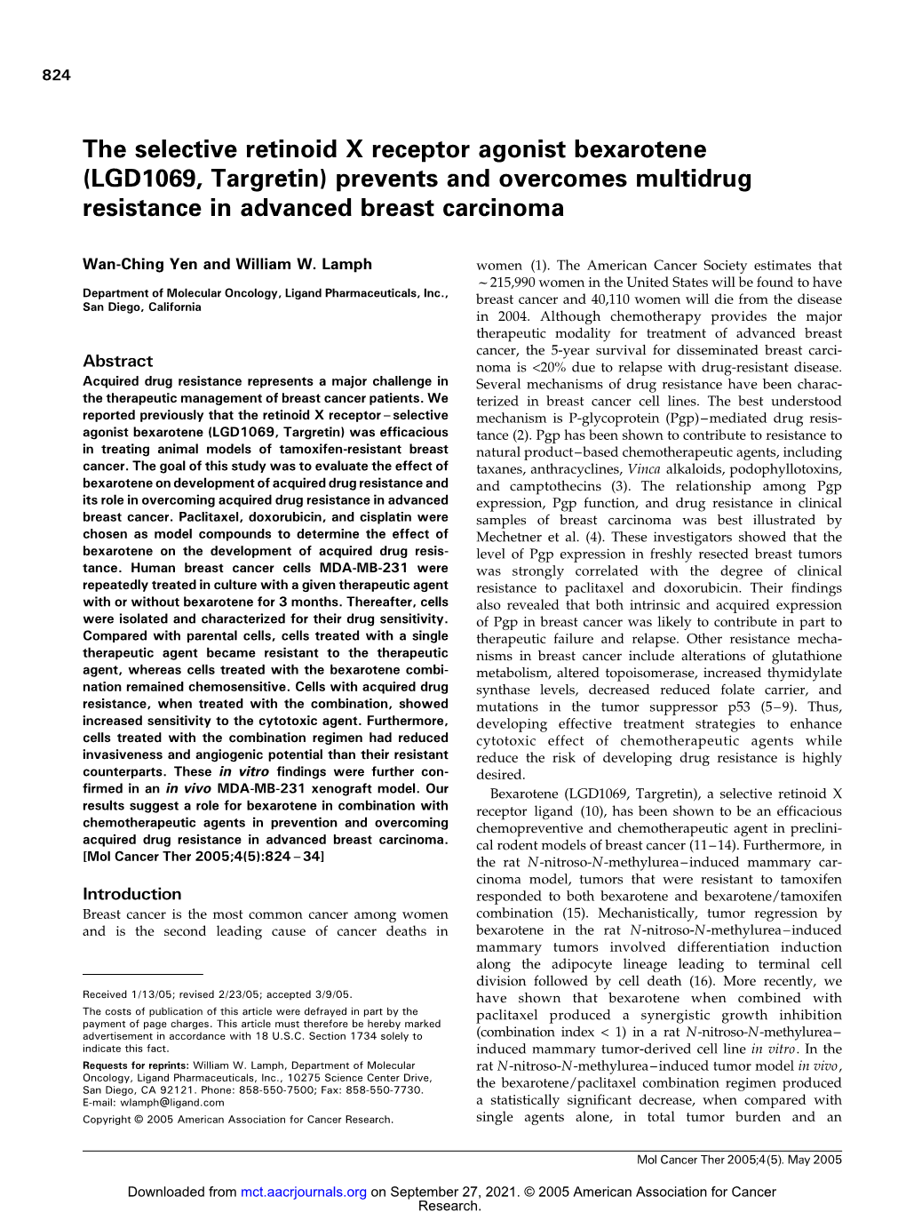 The Selective Retinoid X Receptor Agonist Bexarotene (LGD1069, Targretin) Prevents and Overcomes Multidrug Resistance in Advanced Breast Carcinoma