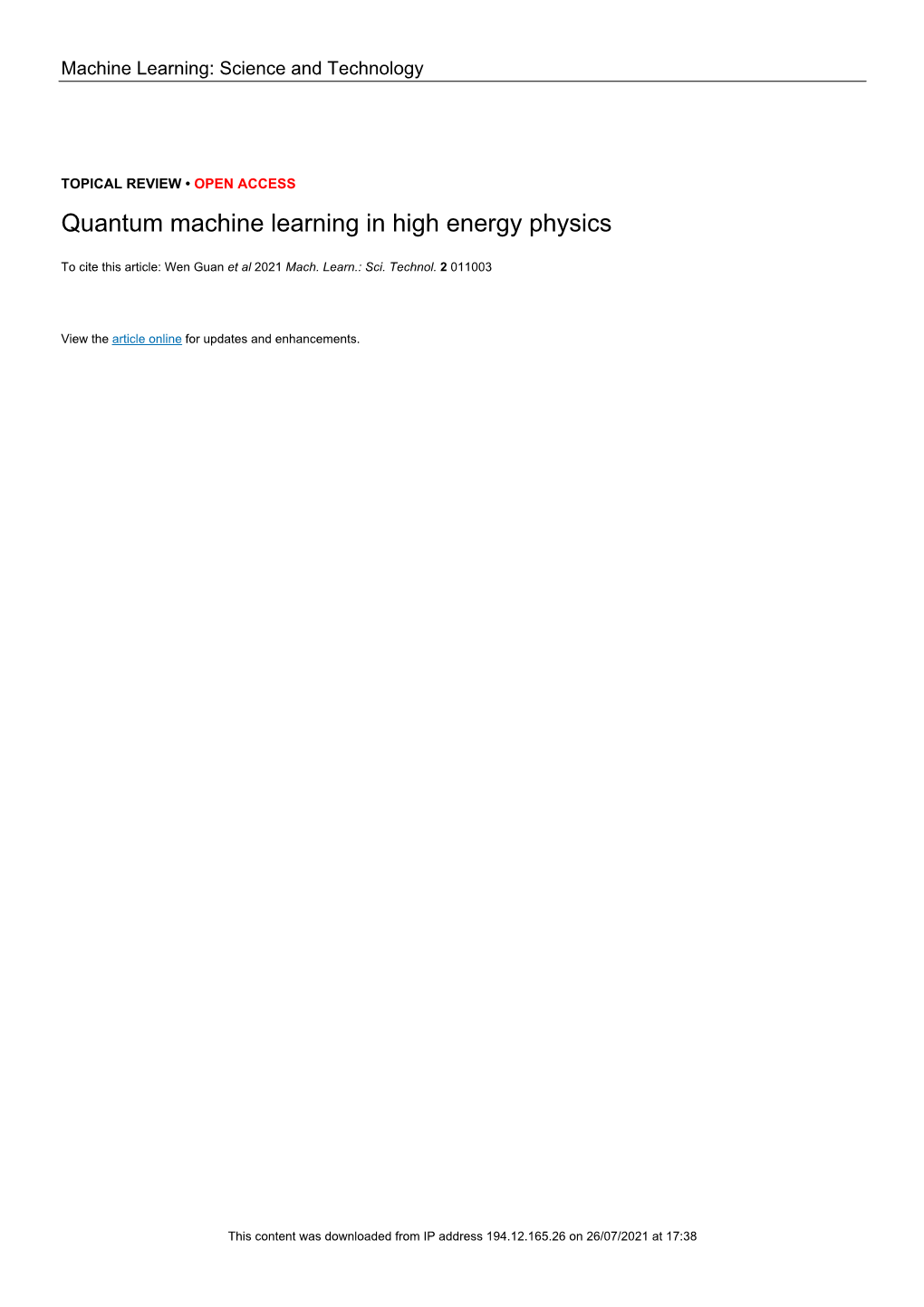 Quantum Machine Learning in High Energy Physics