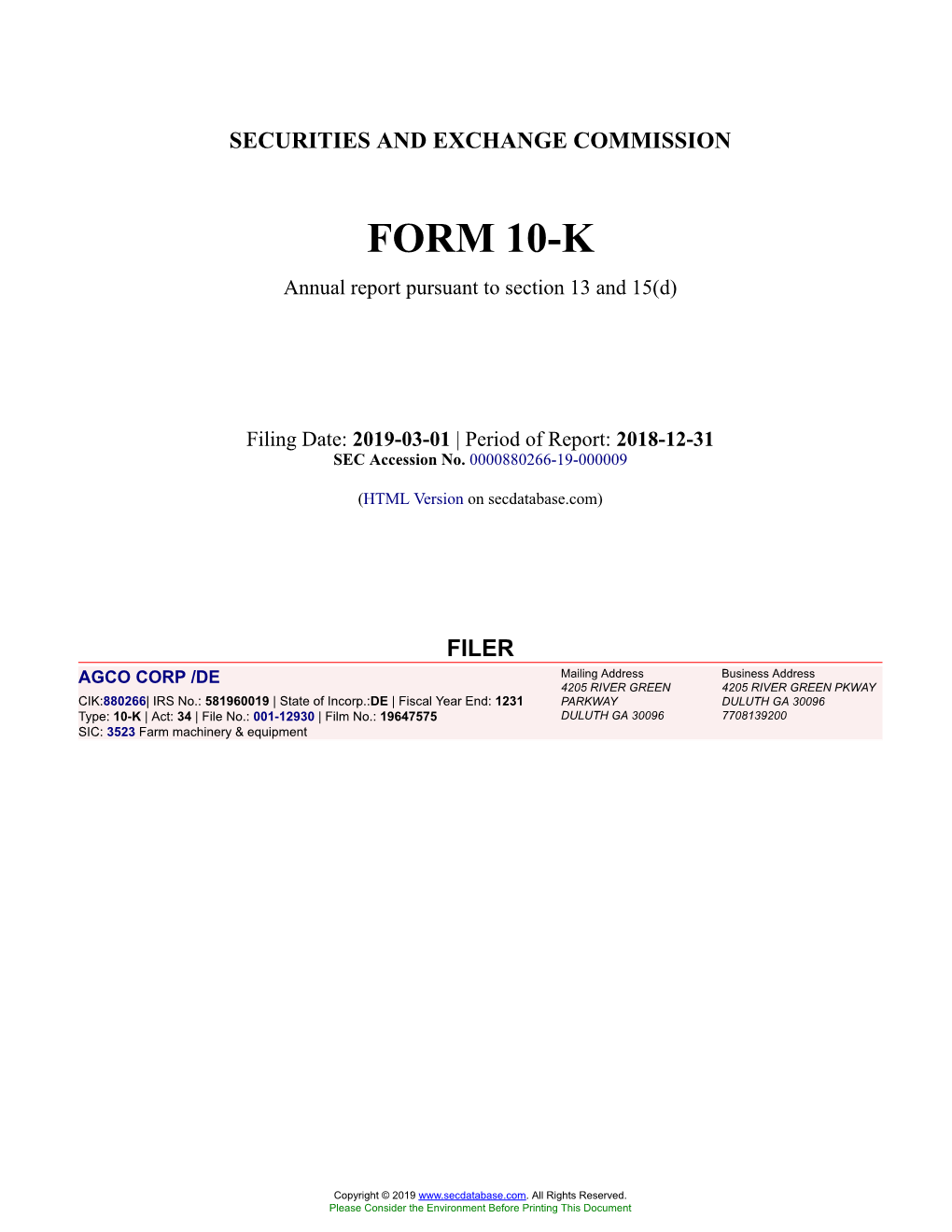 AGCO CORP /DE Form 10-K Annual Report Filed 2019-03-01