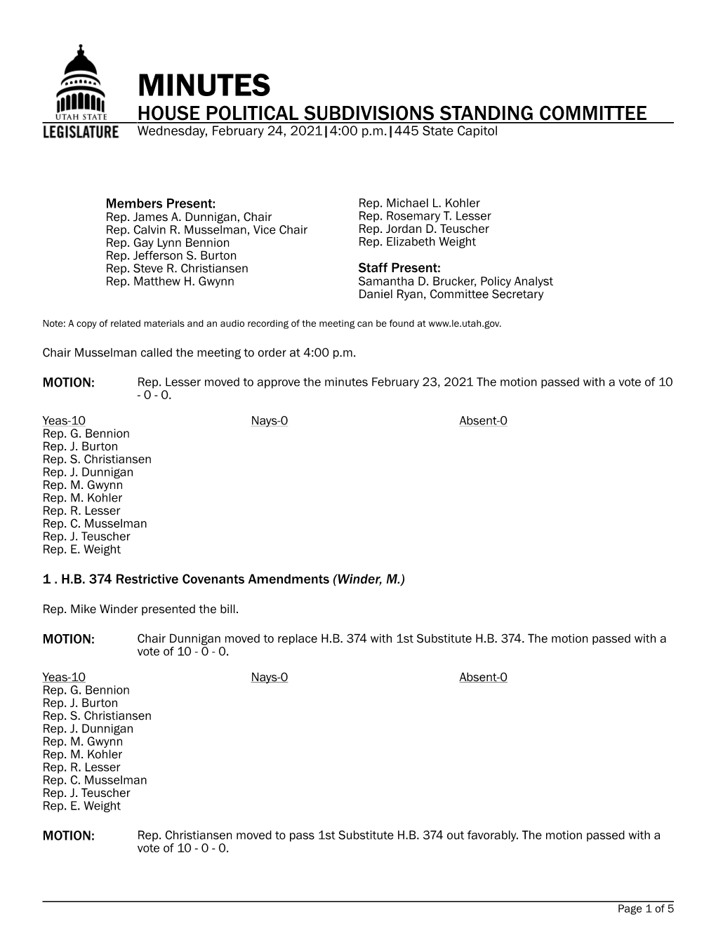 MINUTES HOUSE POLITICAL SUBDIVISIONS STANDING COMMITTEE Wednesday, February 24, 2021|4:00 P.M.|445 State Capitol