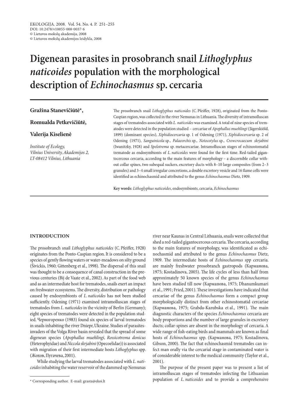 Digenean Parasites in Prosobranch Snail Lithoglyphus Naticoides Population with the Morphological Description of Echinochasmus Sp