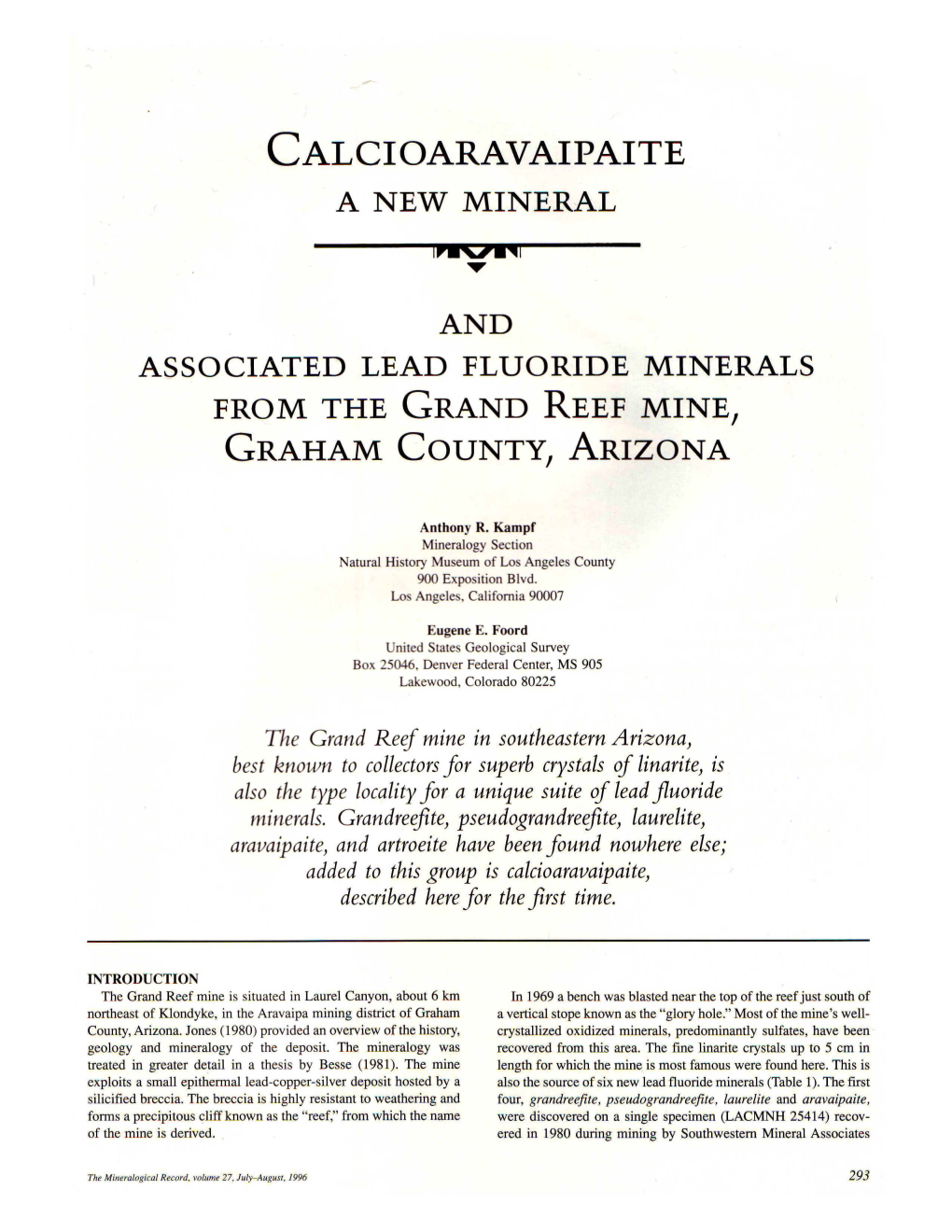 And Associated Lead Fluoride Minerals from the Grand Reef Mine, Graham County, Arizona