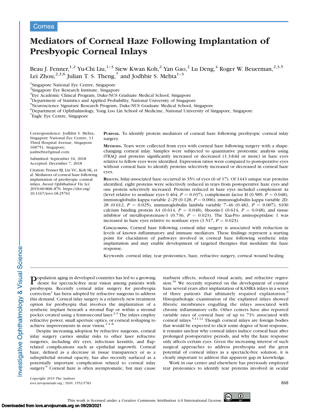 Mediators of Corneal Haze Following Implantation of Presbyopic Corneal Inlays