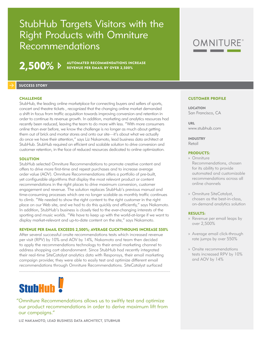 Stubhub Targets Visitors with the Right Products with Omniture Recommendations