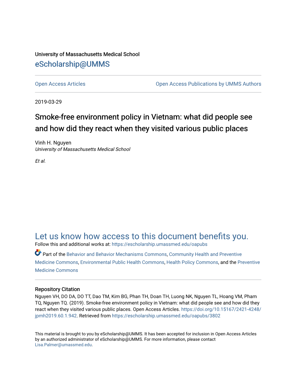 Smoke-Free Environment Policy in Vietnam: What Did People See and How Did They React When They Visited Various Public Places