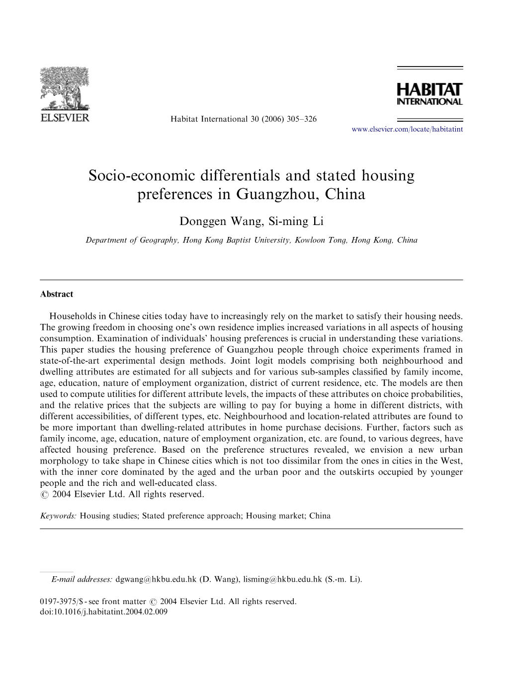 Socio-Economic Differentials and Stated Housing Preferences in Guangzhou, China