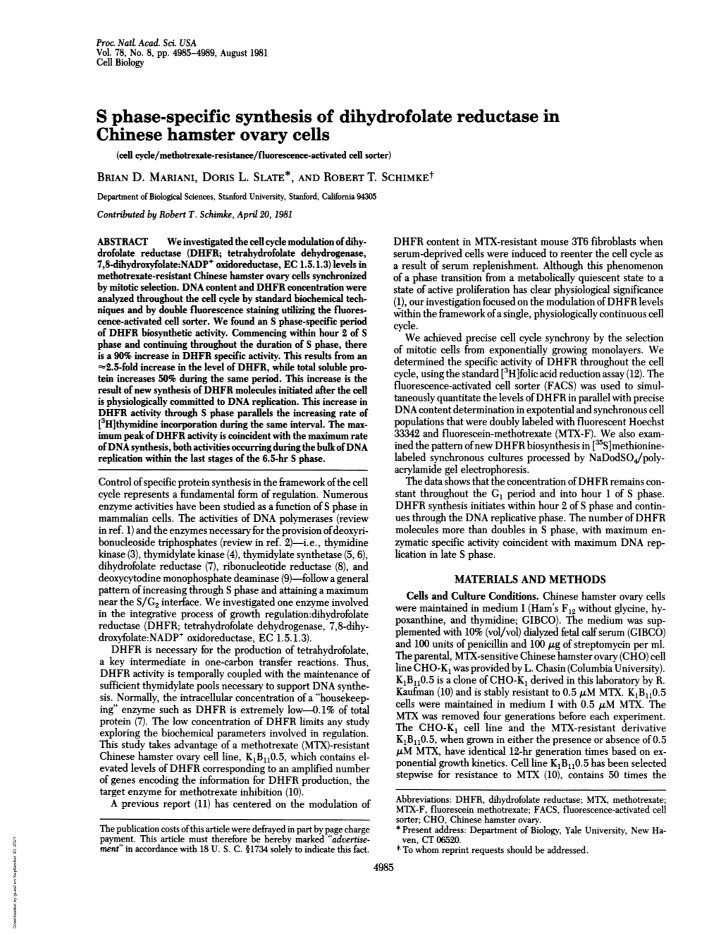 S Phase-Specific Synthesis of Dihydrofolate Reductase in Chinese Hamster Ovary Cells (Cell Cycle/Methotrexate-Resistance/Fluorescence-Activated Cell Sorter) BRIAN D