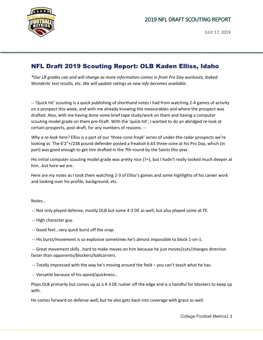 2019 NFL DRAFT SCOUTING REPORT NFL Draft 2019 Scouting