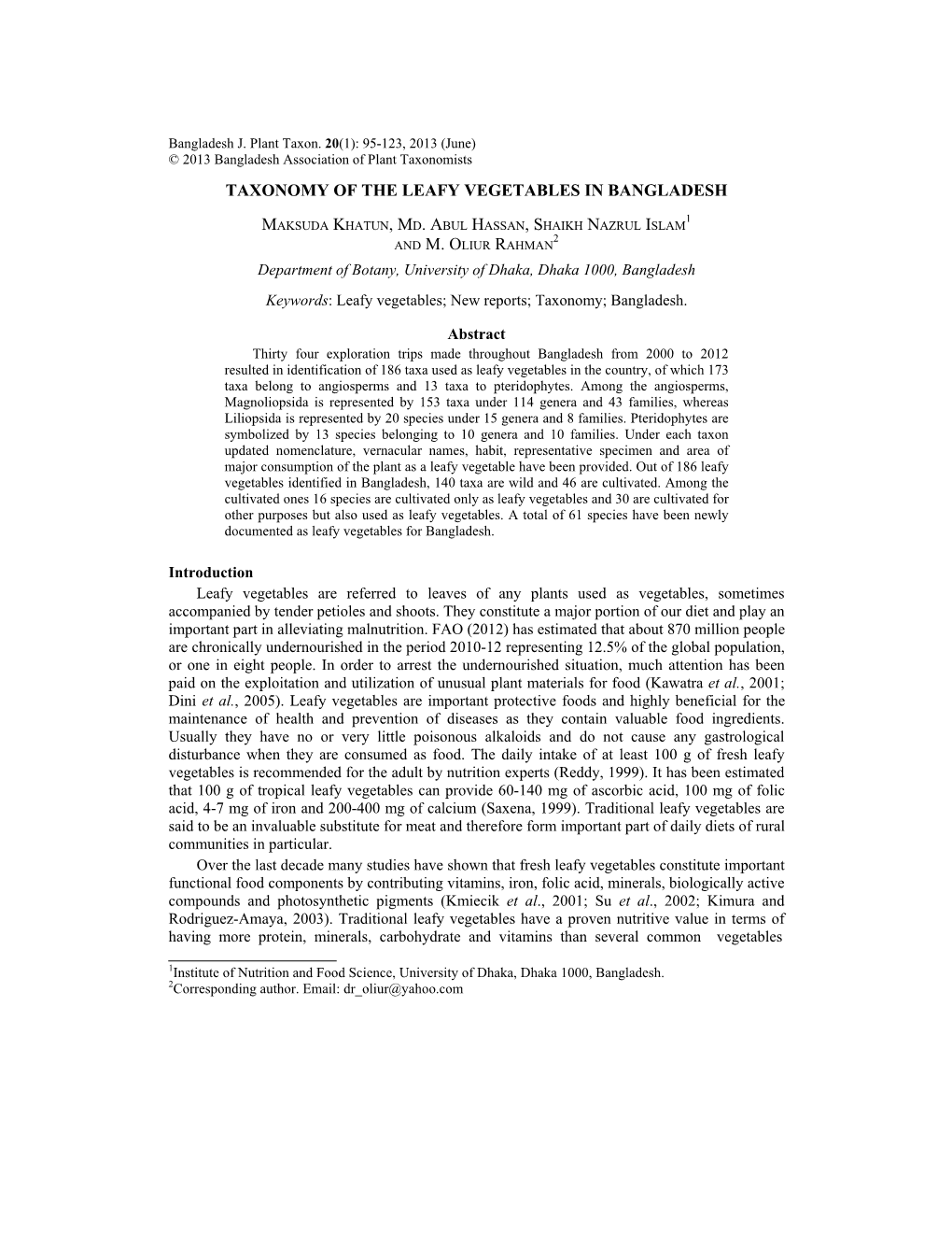 Taxonomy of the Leafy Vegetables in Bangladesh