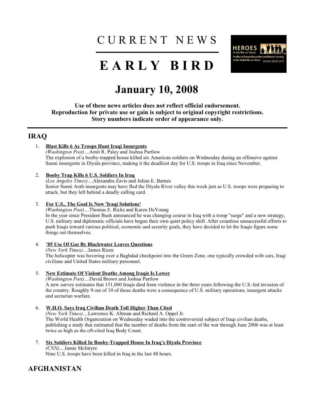 Early Bird, Coast Behind a "Line of Death." the Danger of War January 9, 2008