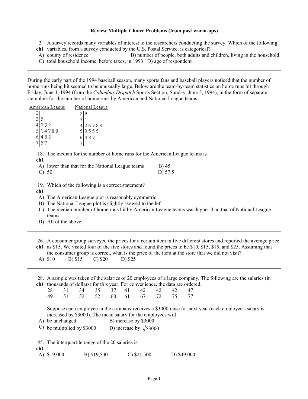 Review Multiple Choice Problems (From Past Warm-Ups)