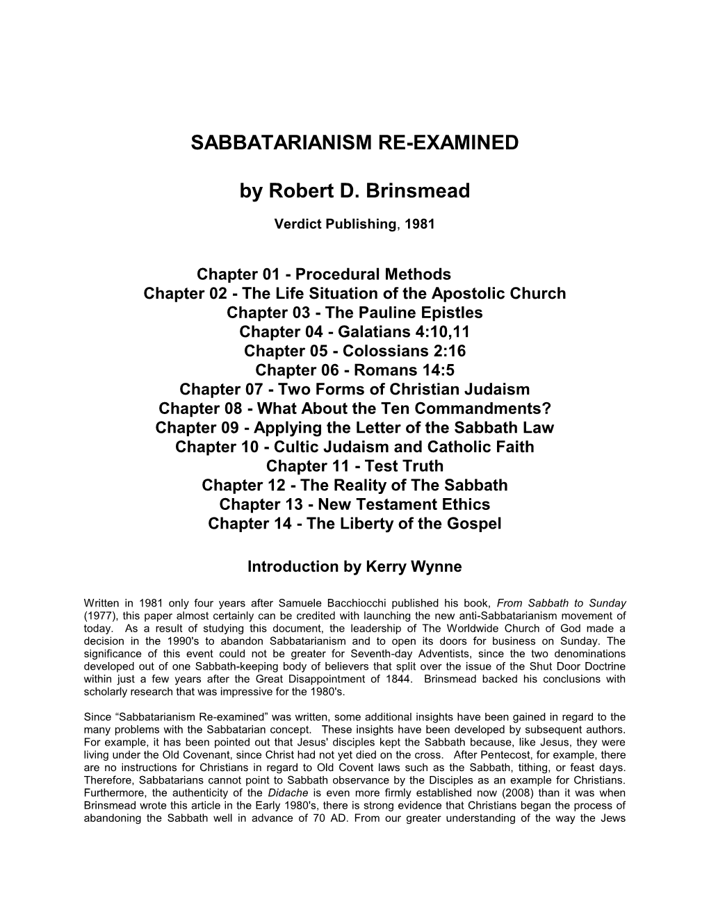 SABBATARIANISM RE-EXAMINED by Robert D. Brinsmead