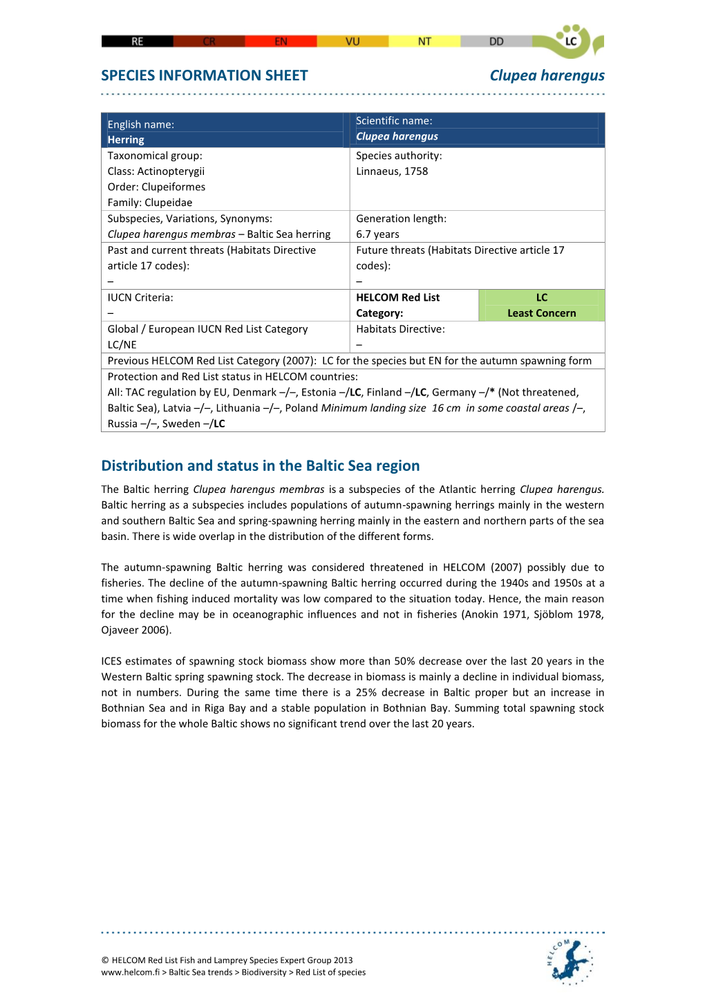 SPECIES INFORMATION SHEET Clupea Harengus