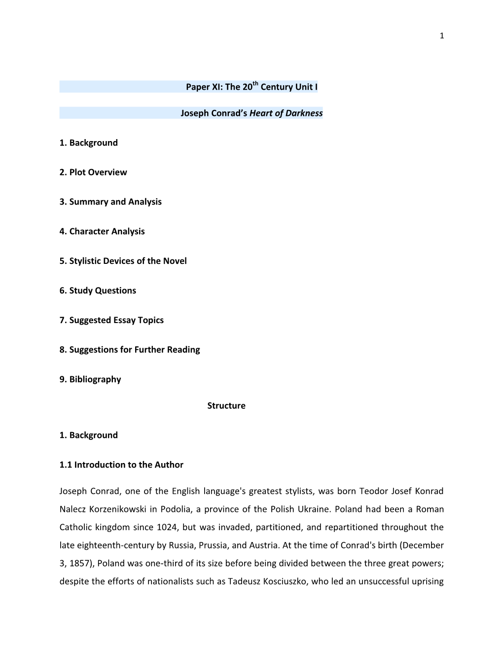 Paper XI: the 20Th Century Unit I Joseph Conrad's Heart of Darkness