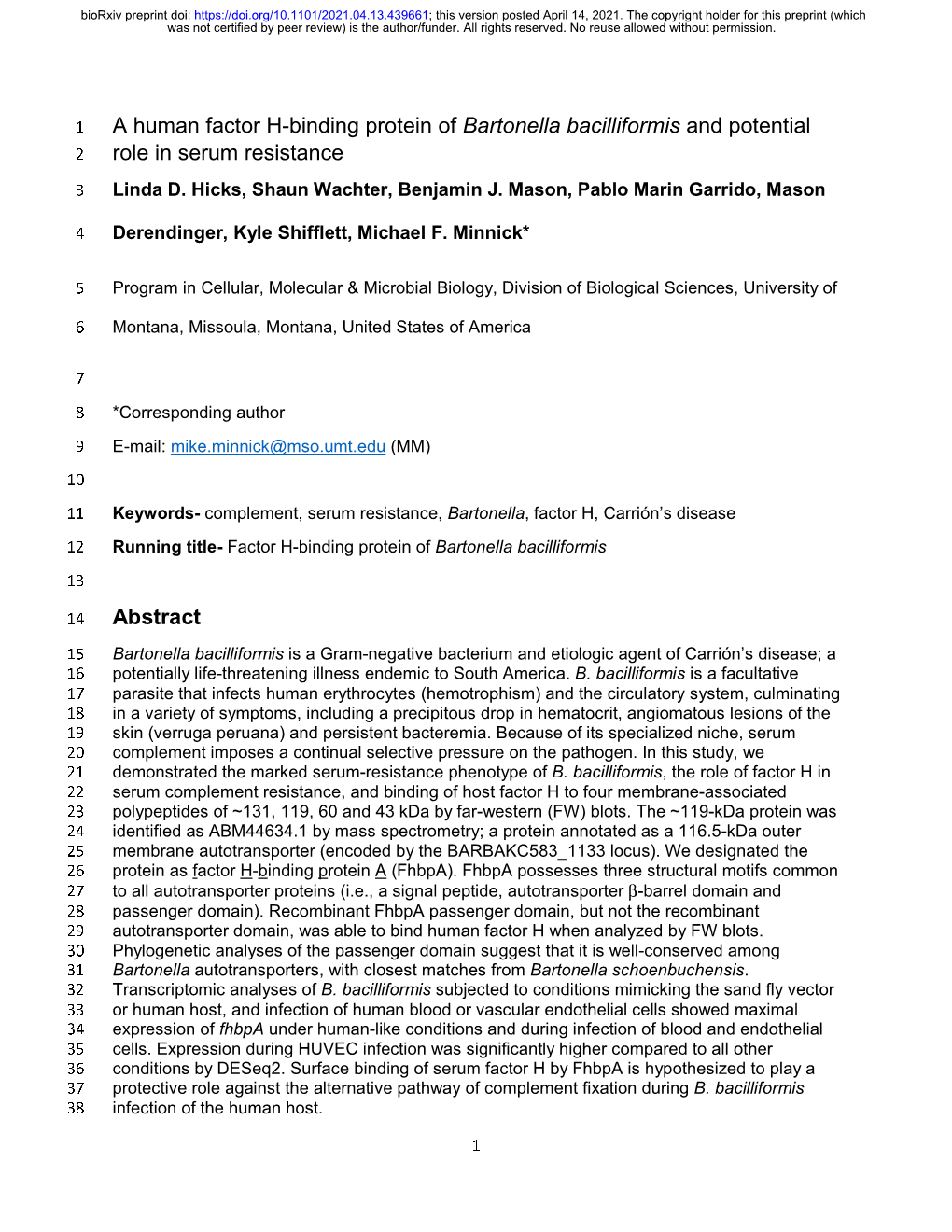 A Human Factor H-Binding Protein of Bartonella Bacilliformis and Potential 2 Role in Serum Resistance 3 Linda D