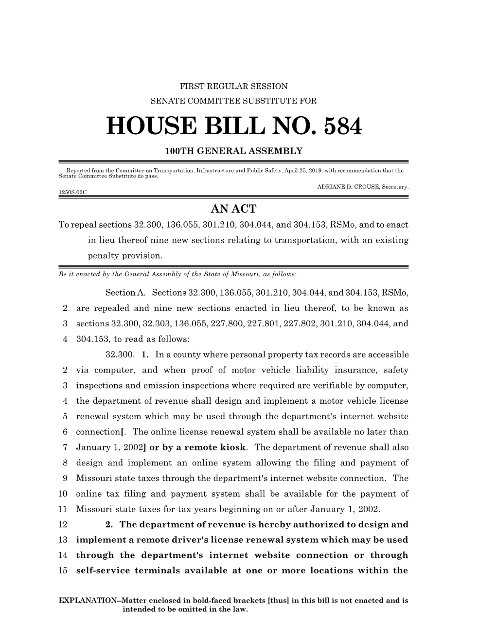 House Bill No. 584 100Th General Assembly