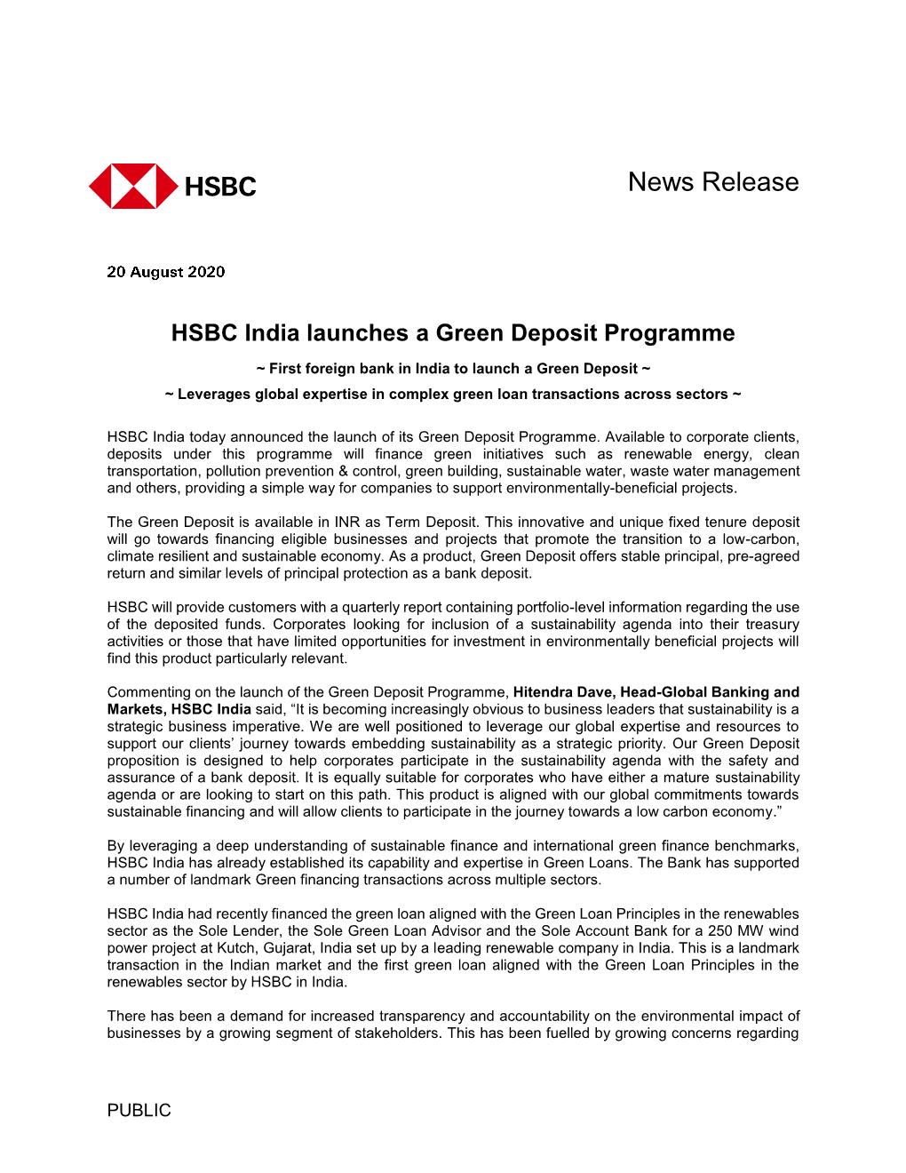 HSBC India Launches a Green Deposit Programme