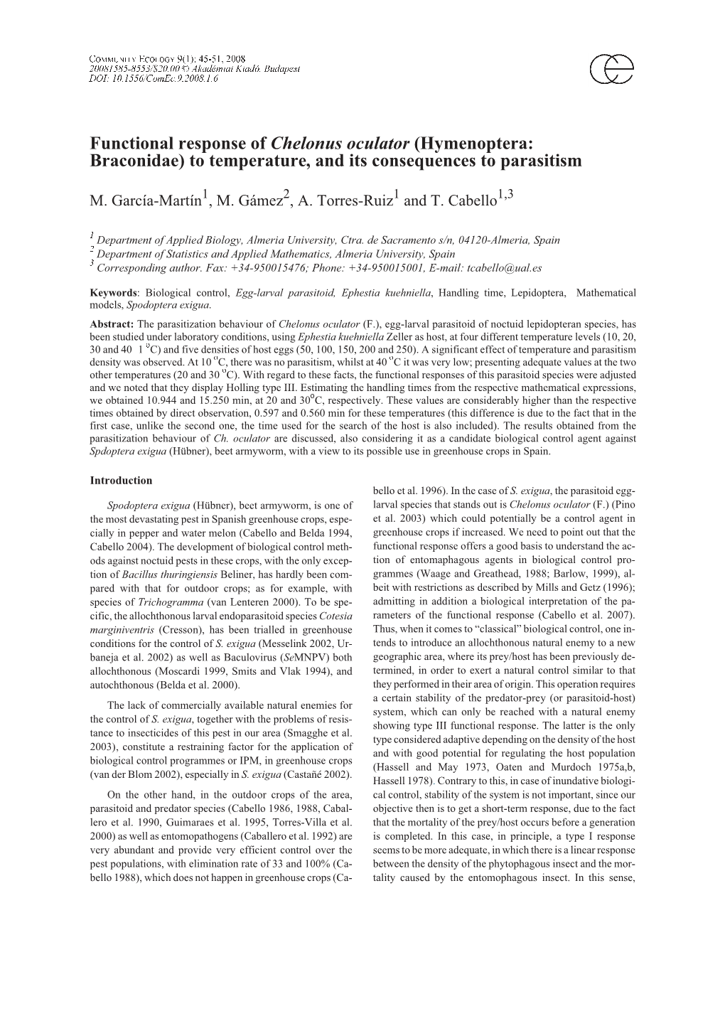 Functional Response of Chelonus Oculator (Hymenoptera: Braconidae) to Temperature, and Its Consequences to Parasitism