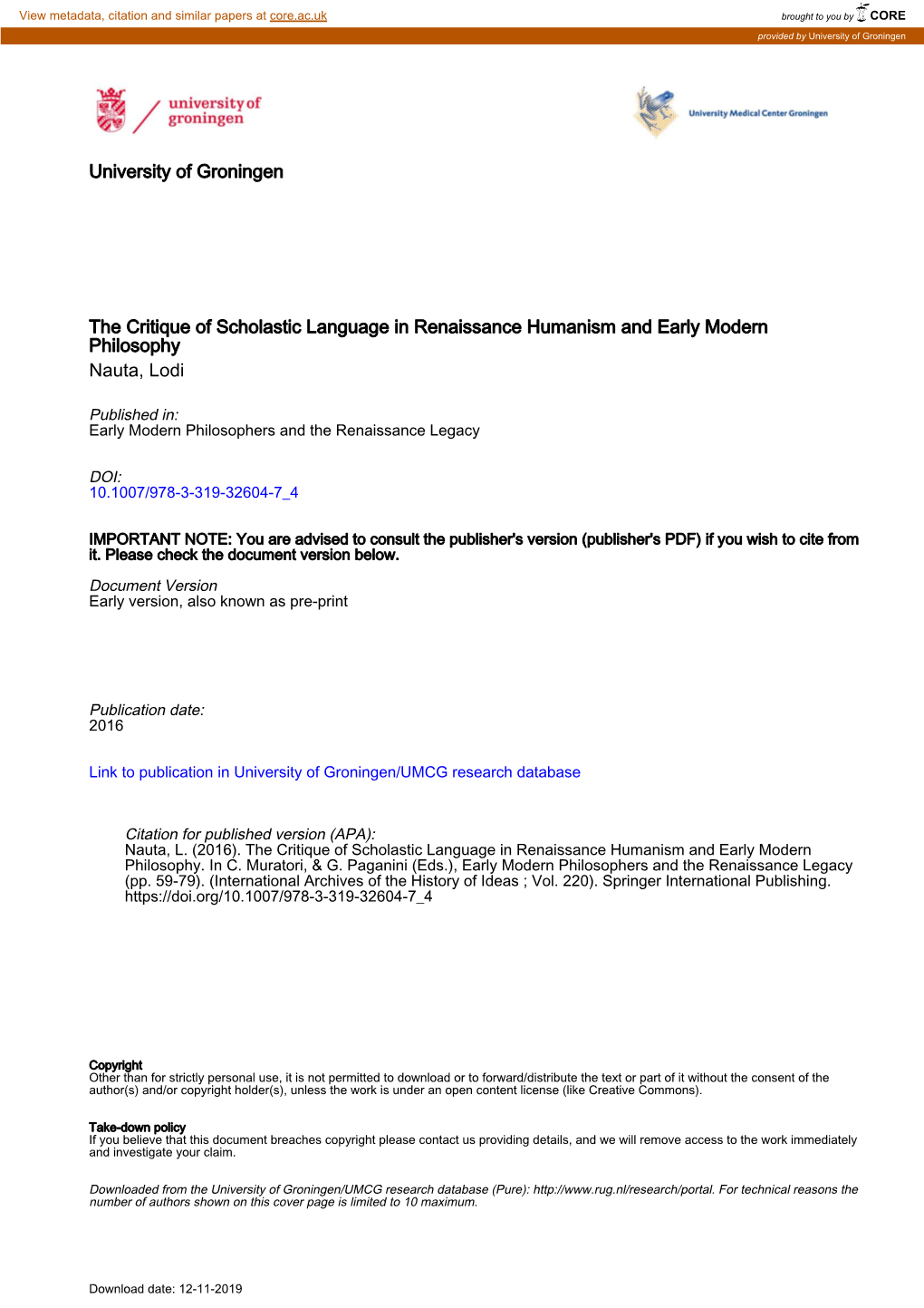 University of Groningen the Critique of Scholastic Language In