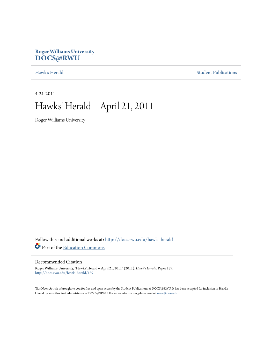 Hawks' Herald -- April 21, 2011 Roger Williams University