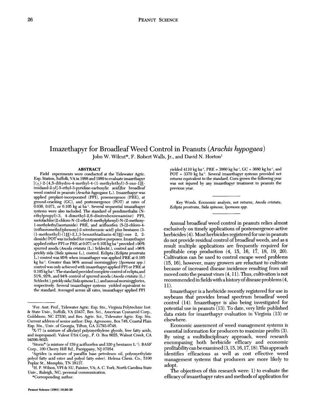 Imazethapyr for Broadleafweed Control in Peanuts (Arachis Hypogaea) John W