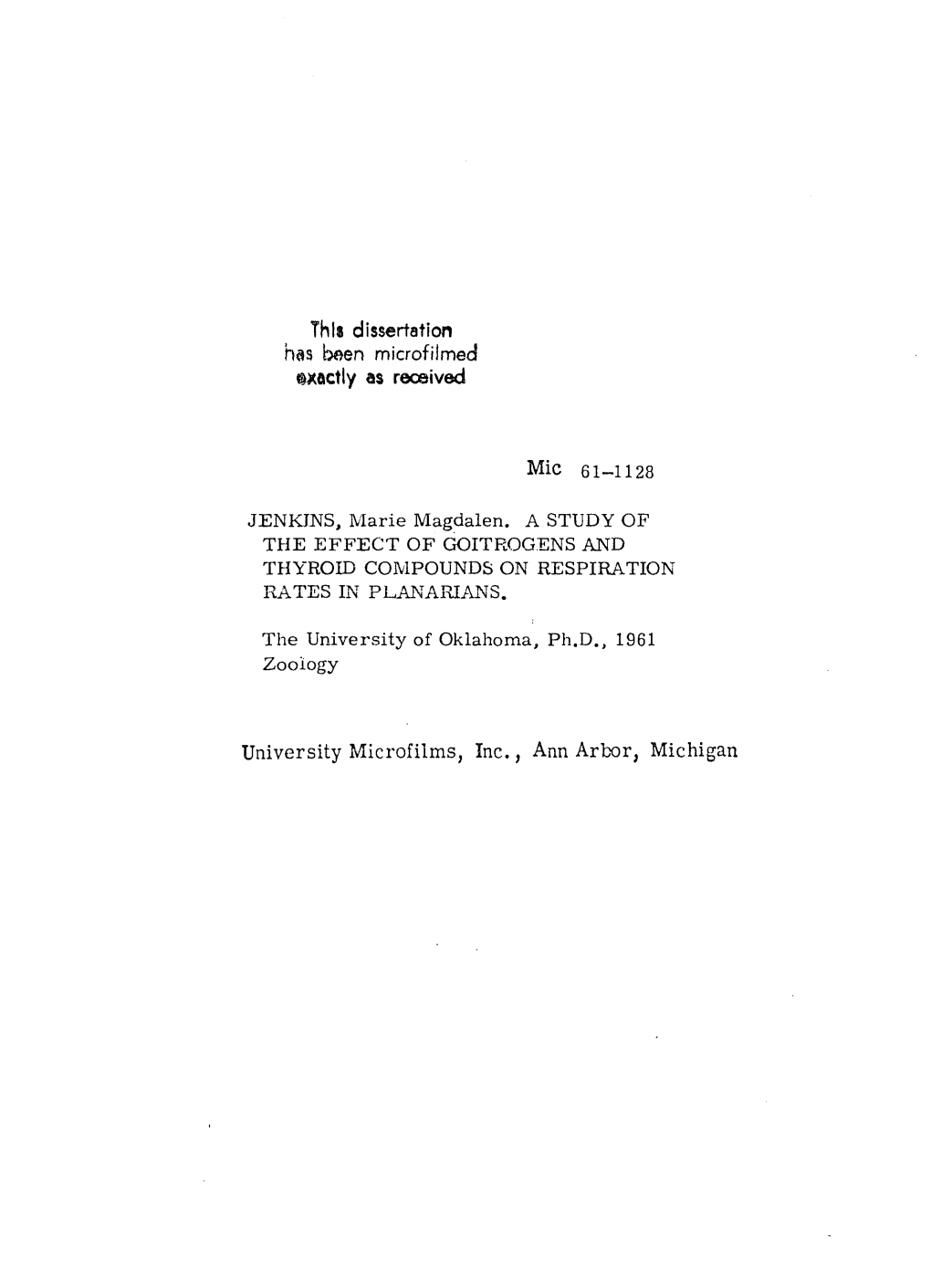 University Microfilms, Inc., Ann Arbor, Michigan the UNIVERSITY of OKLAHOMA