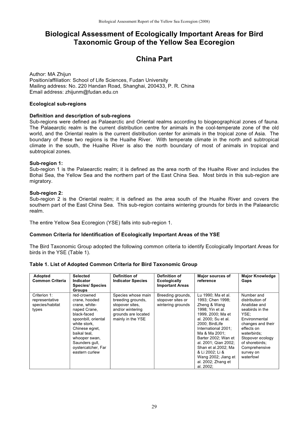 Biological Assessment of Ecologically Important Areas for Bird Taxonomic Group of the Yellow Sea Ecoregion