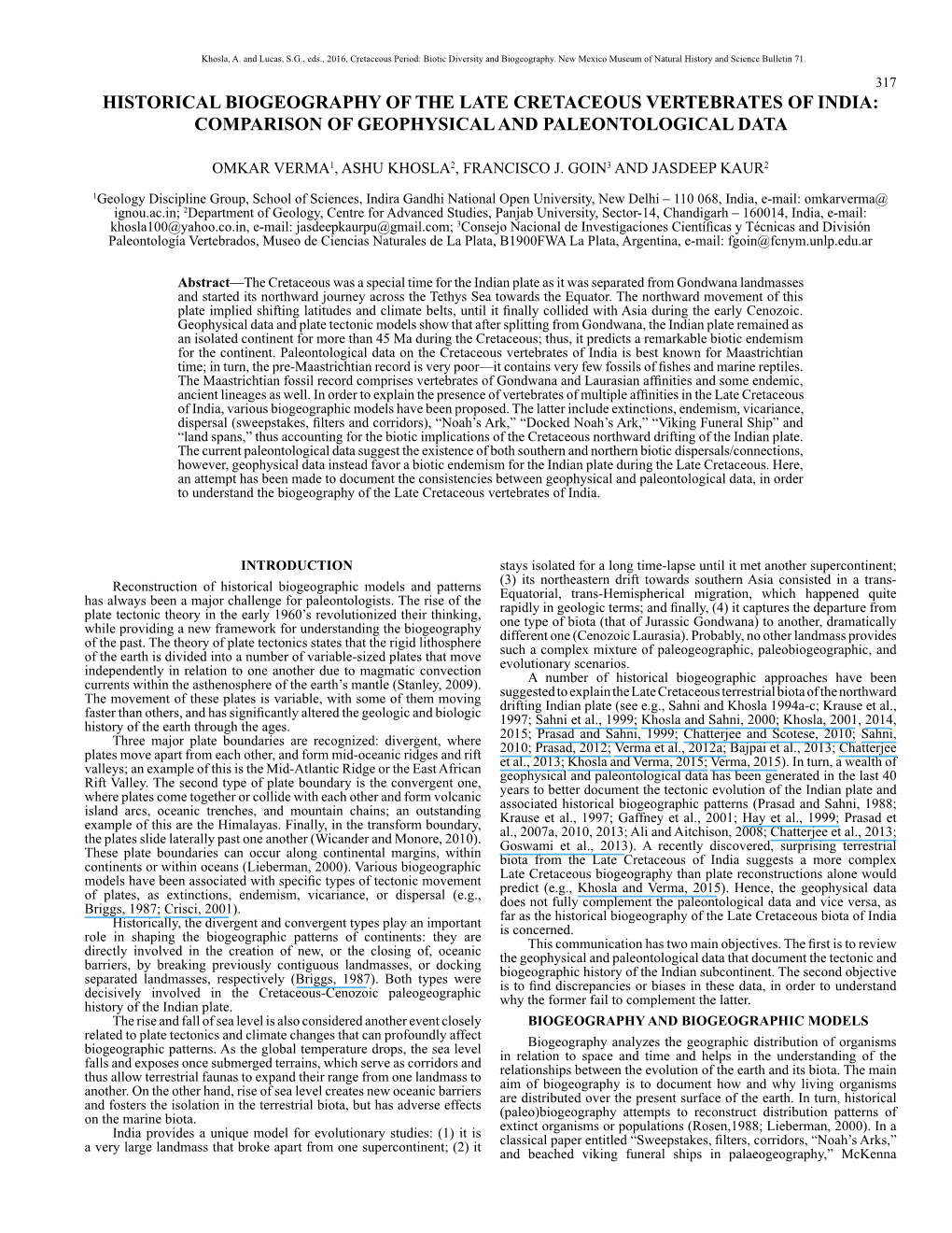 Historical Biogeography of the Late Cretaceous Vertebrates of India: Comparison of Geophysical and Paleontological Data