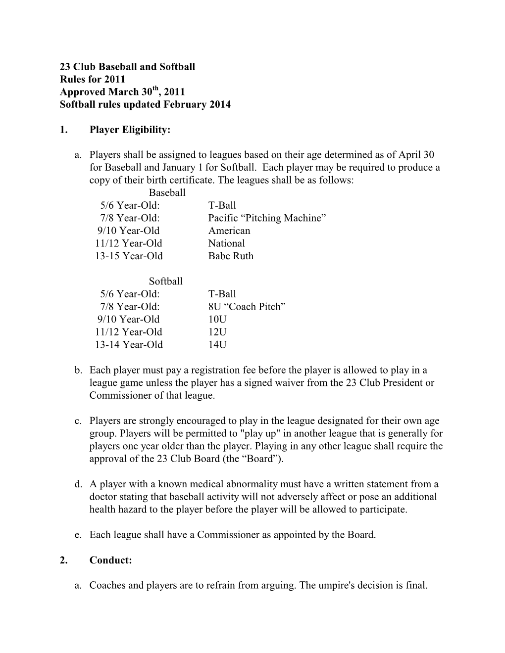 23 Club Baseball and Softball Rules for 2011 Approved March 30Th, 2011 Softball Rules Updated February 2014
