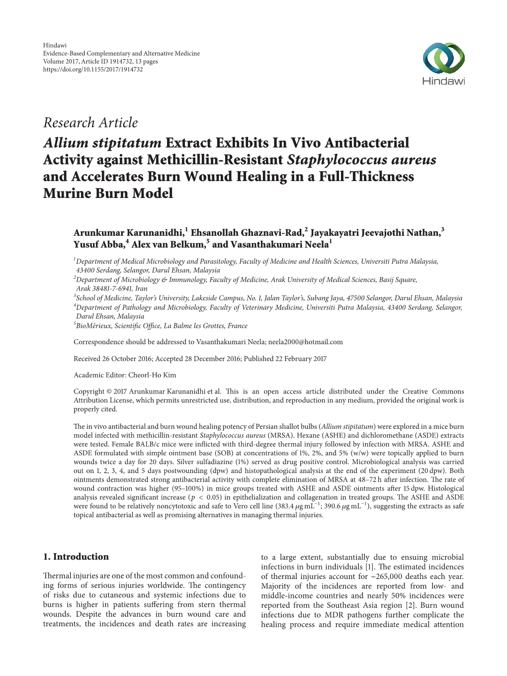 Allium Stipitatum Extract Exhibits in Vivo Antibacterial Activity Against