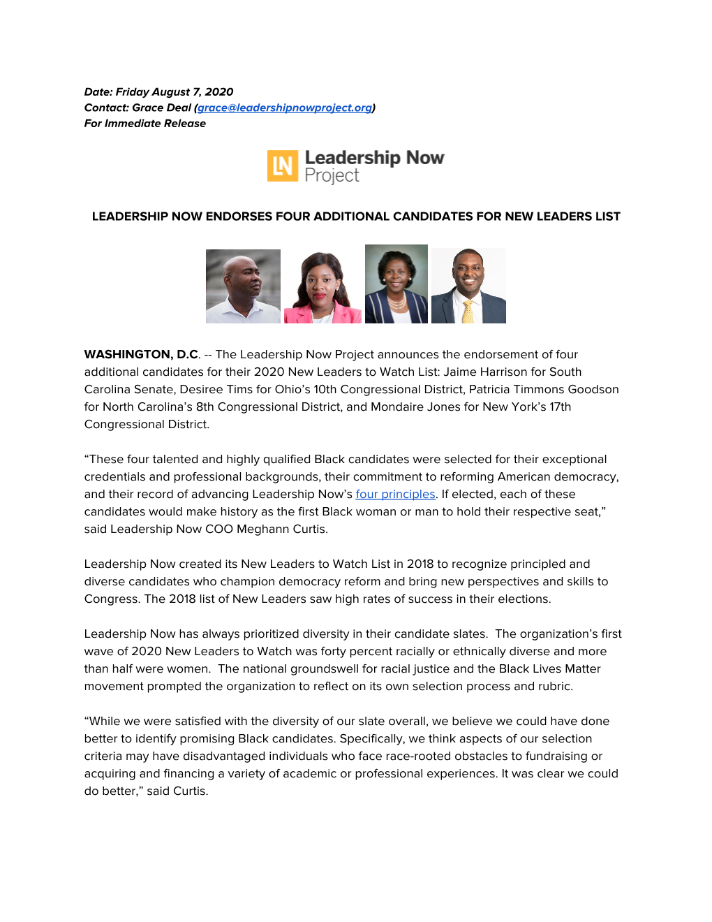 Leadership Now Endorses Four Additional Candidates for New Leaders List