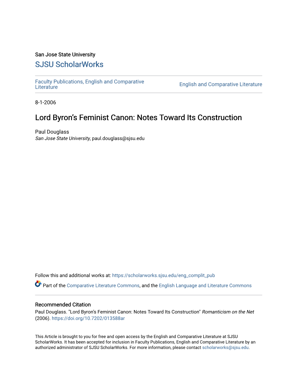 Lord Byron's Feminist Canon: Notes Toward Its Construction Paul Douglass San Jose State University