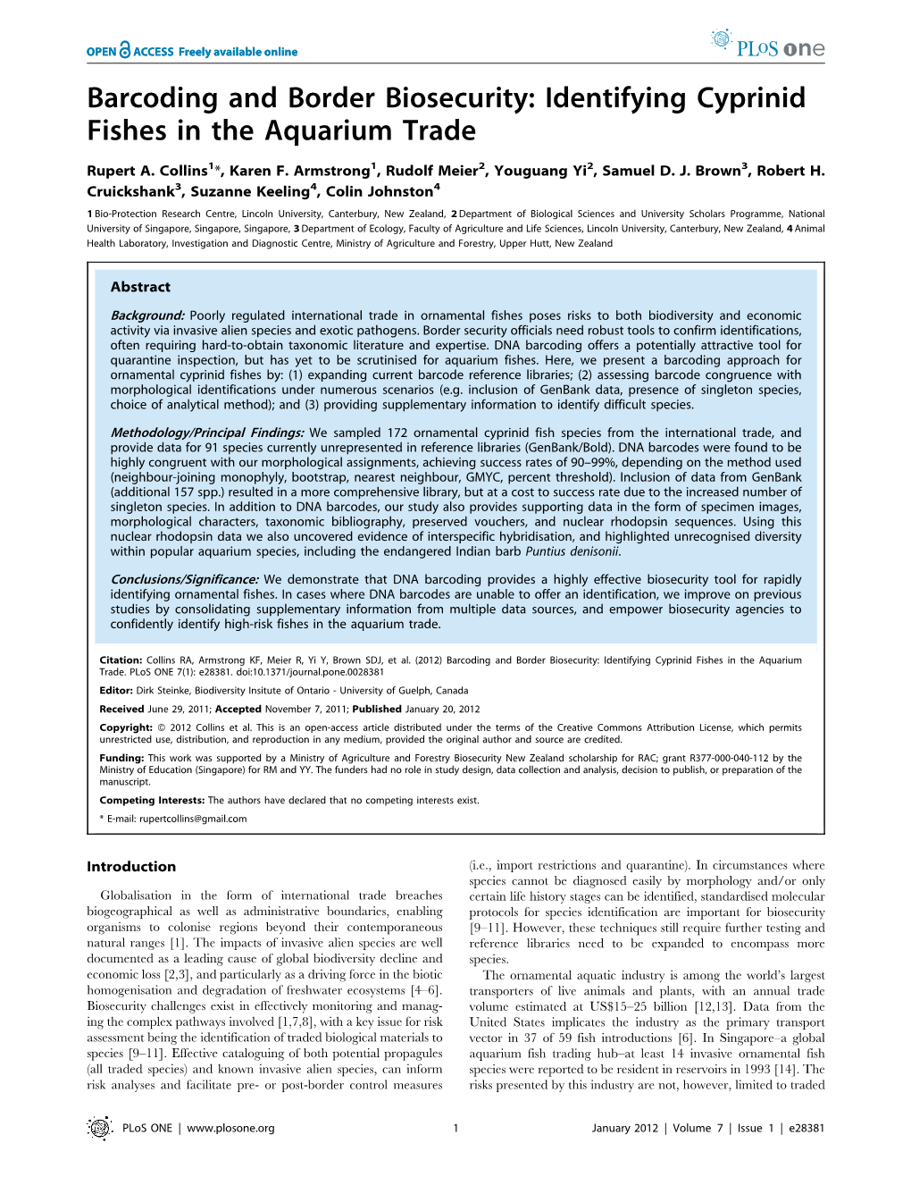 Barcoding and Border Biosecurity: Identifying Cyprinid Fishes in the Aquarium Trade