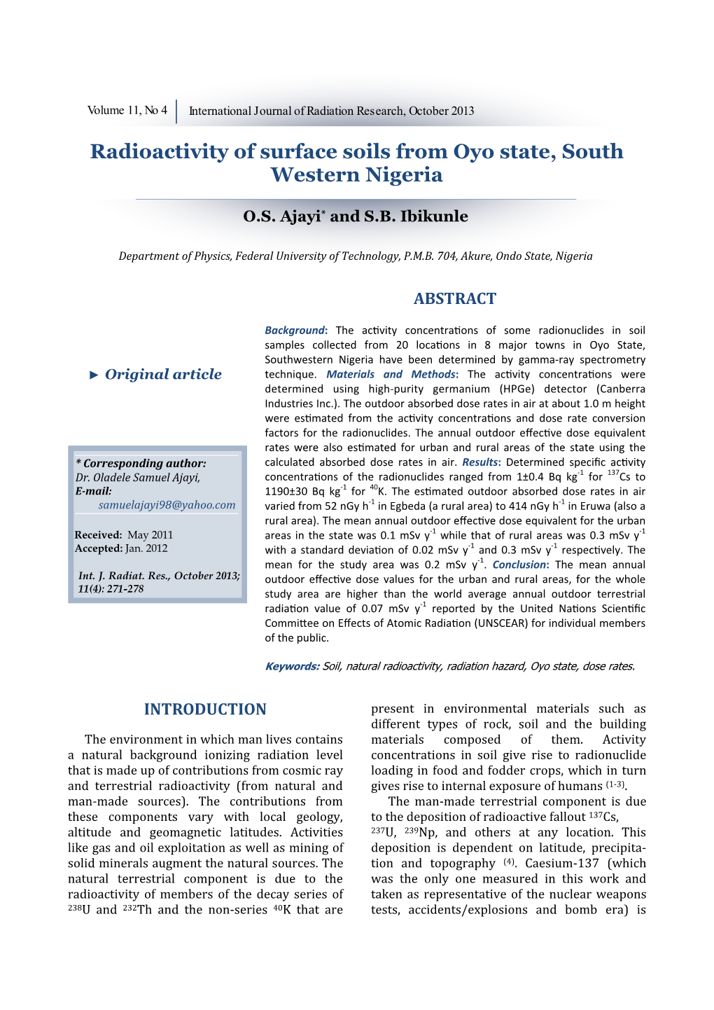 Radioactivity of Surface Soils from Oyo State, South Western Nigeria