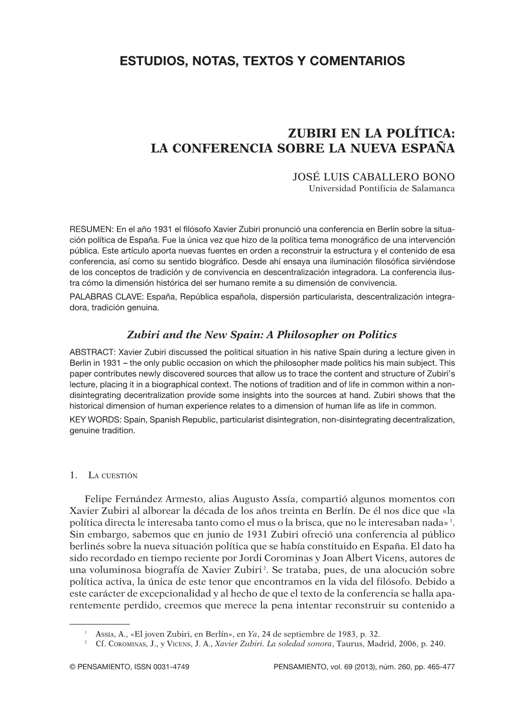 Estudios, Notas, Textos Y Comentarios Zubiri En La Política