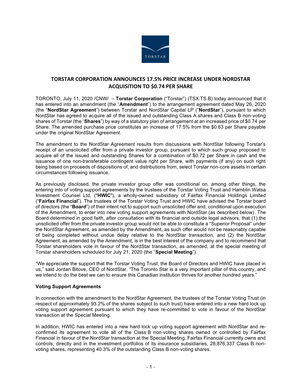 Torstar Corporation Announces 17.5% Price Increase Under Nordstar Acquisition to $0.74 Per Share