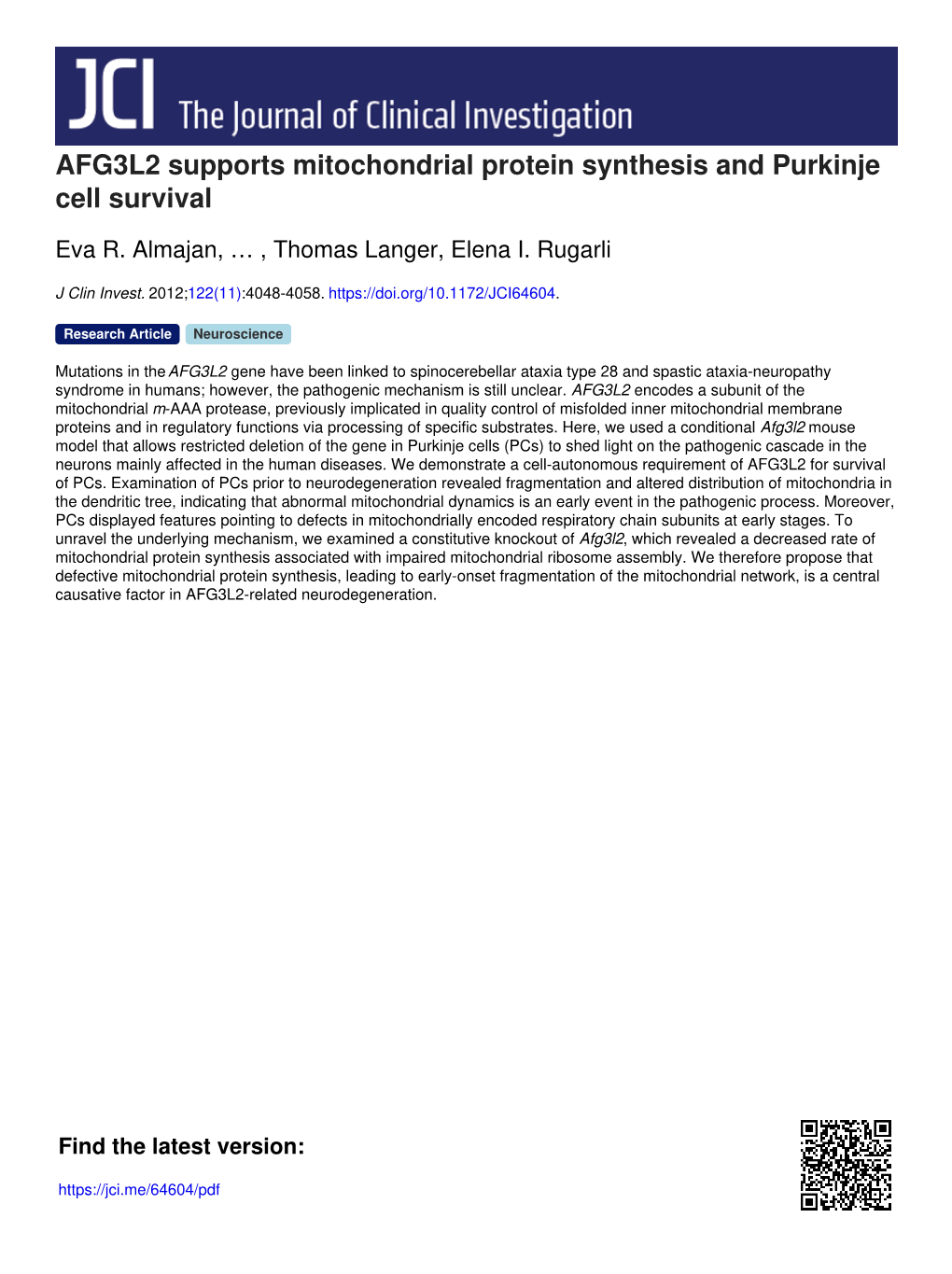 AFG3L2 Supports Mitochondrial Protein Synthesis and Purkinje Cell Survival