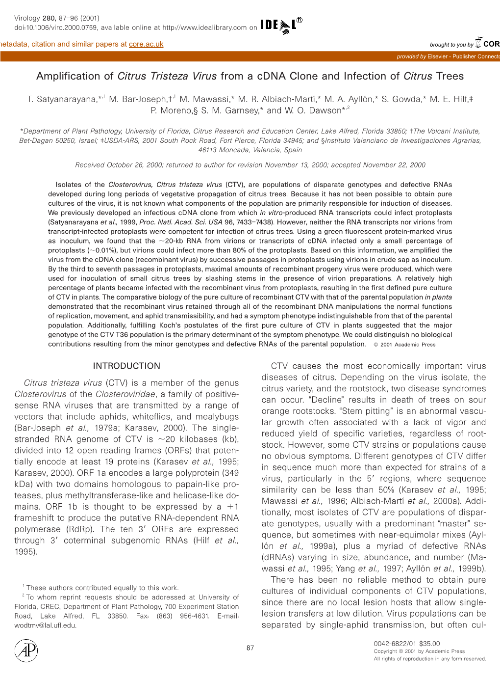 Amplification of Citrus Tristeza Virus from a Cdna Clone and Infection of Citrus Trees