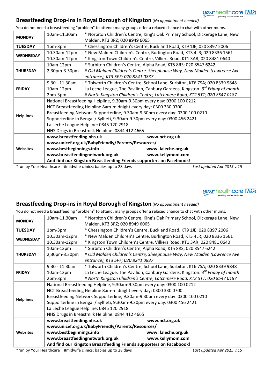 Breastfeeding Drop-Ins in Royal Borough of Kingston(N