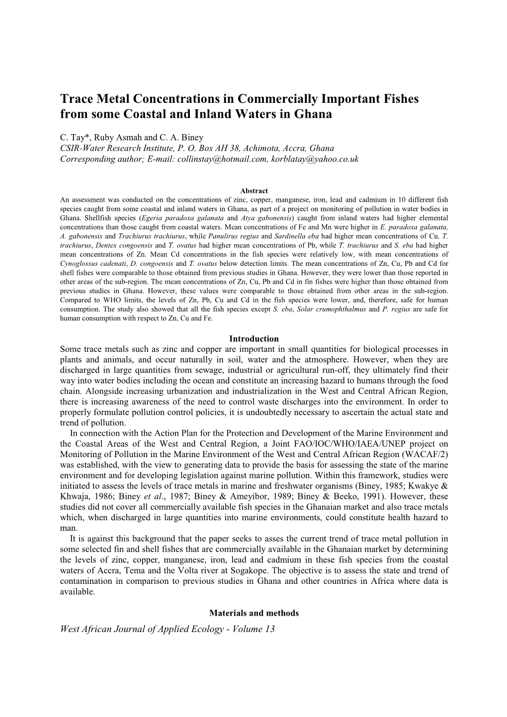 Trace Metal Concentrations in Commercially Important Fishes from Some Coastal and Inland Waters in Ghana