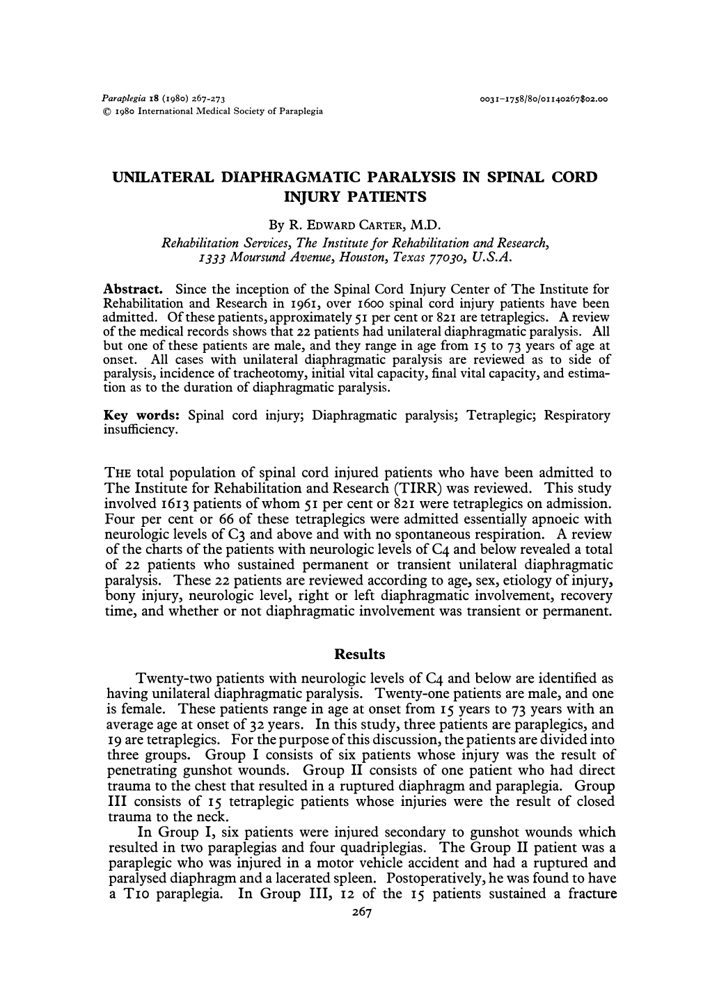 Unilateral Diaphragmatic Paralysis in Spinal Cord Injury Patients