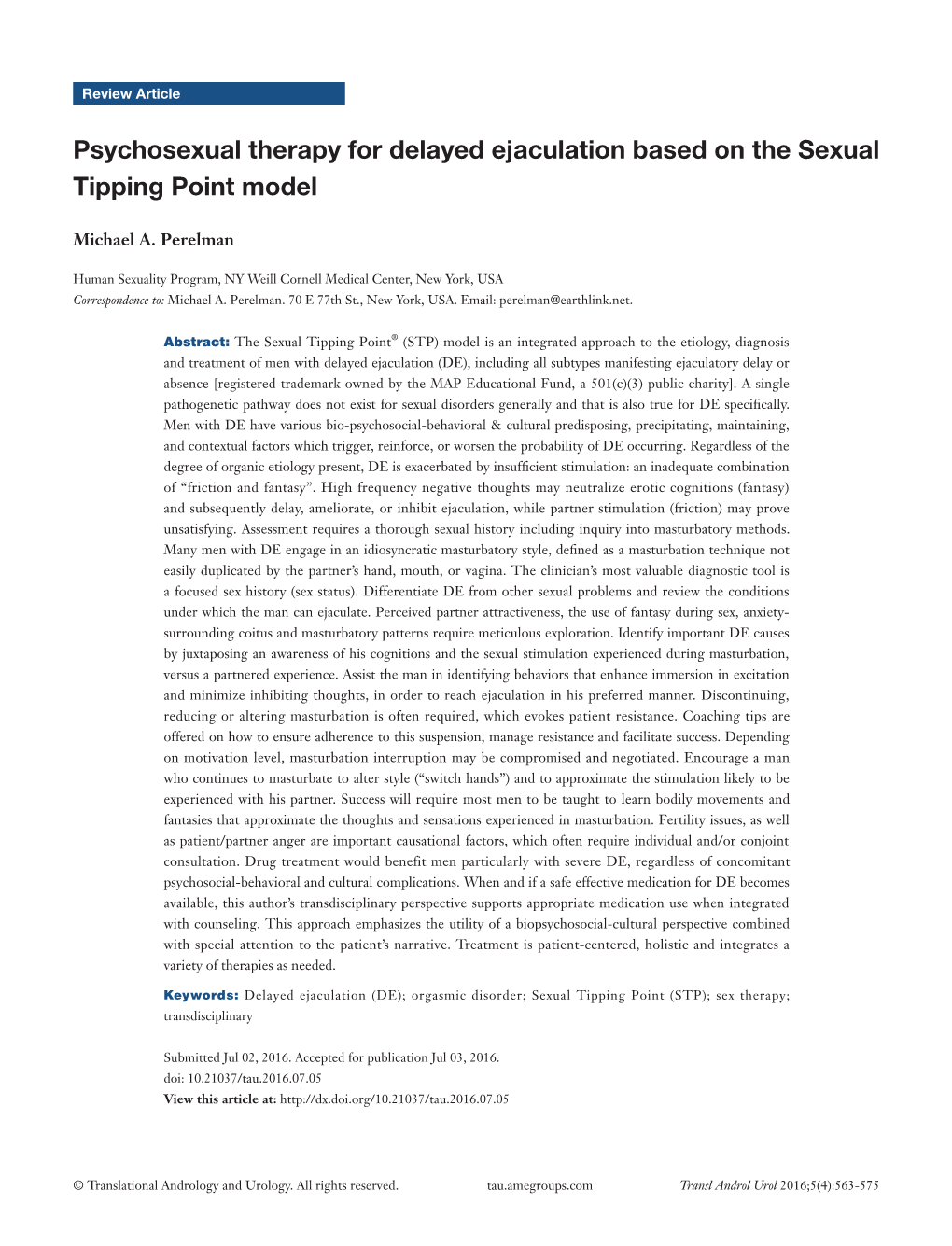 Psychosexual Therapy for Delayed Ejaculation Based on the Sexual Tipping Point Model