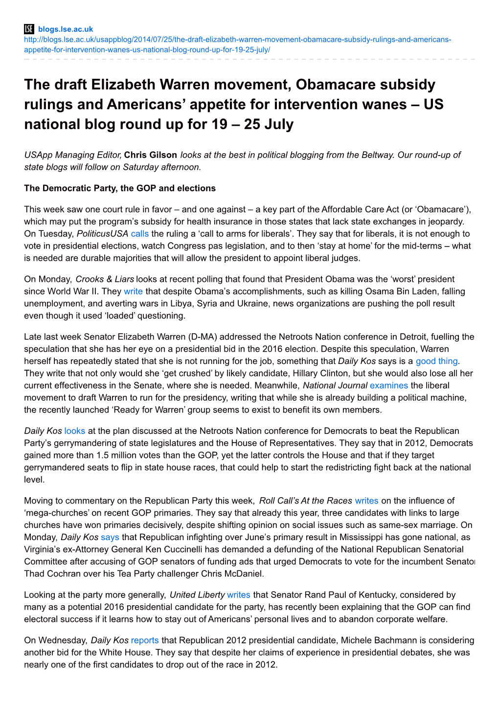 The Draft Elizabeth Warren Movement, Obamacare Subsidy Rulings and Americans’ Appetite for Intervention Wanes – US National Blog Round up for 19 – 25 July