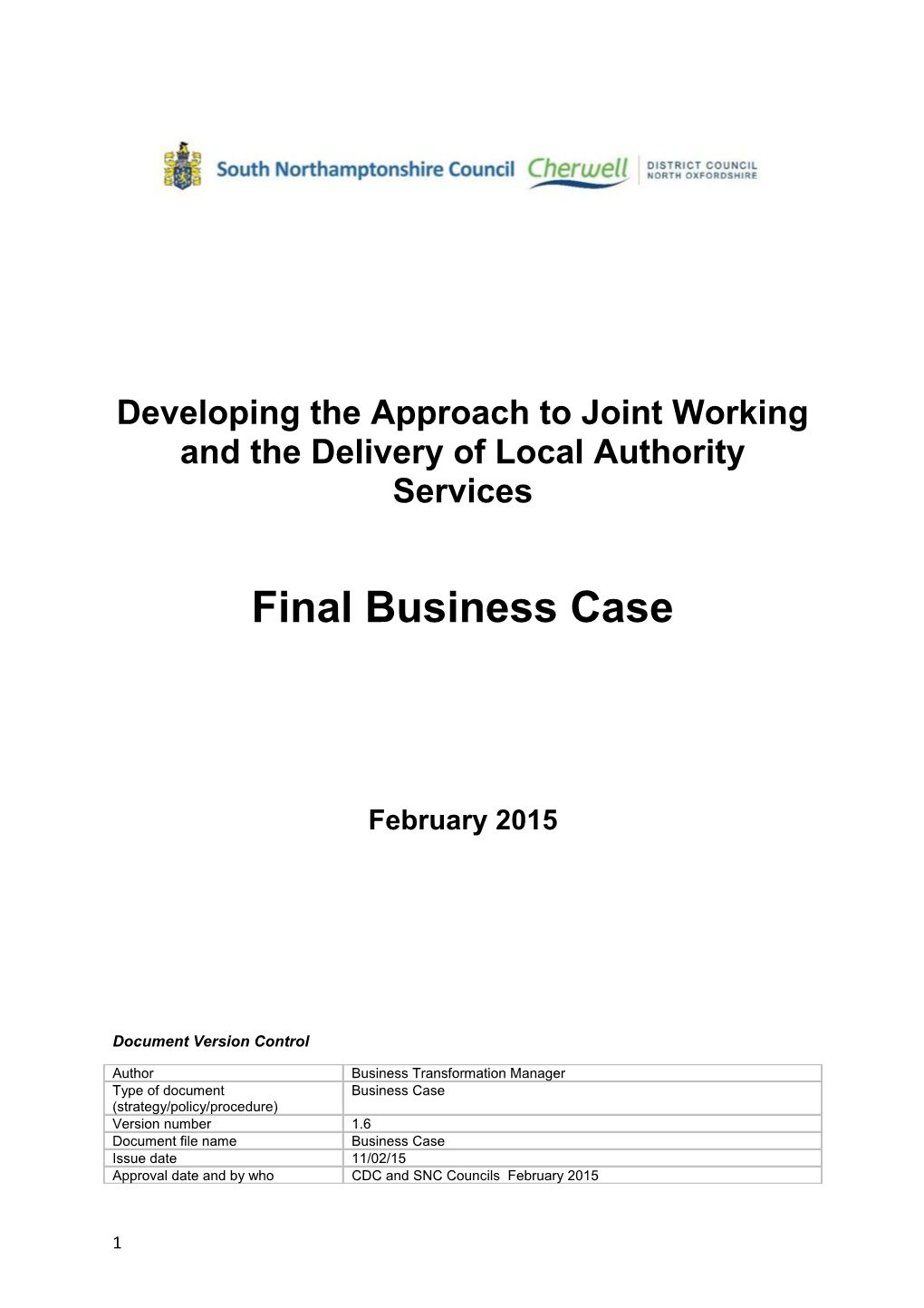 Developing the Approach to Joint Working and the Delivery of Local Authority Services