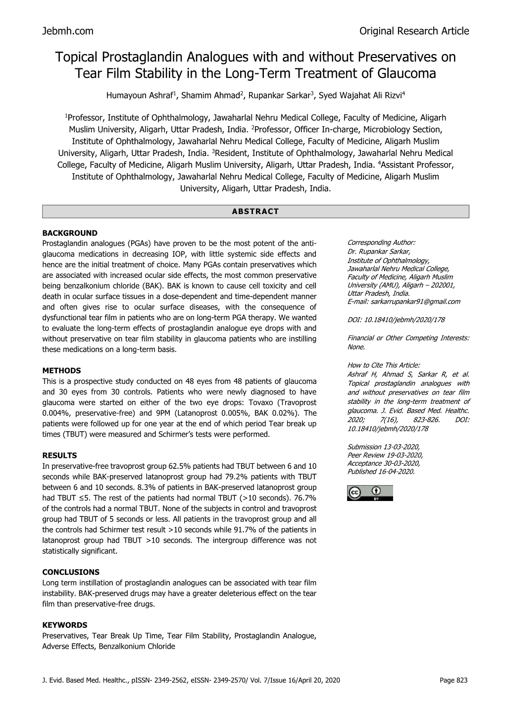 Topical Prostaglandin Analogues with and Without Preservatives on Tear Film Stability in the Long-Term Treatment of Glaucoma