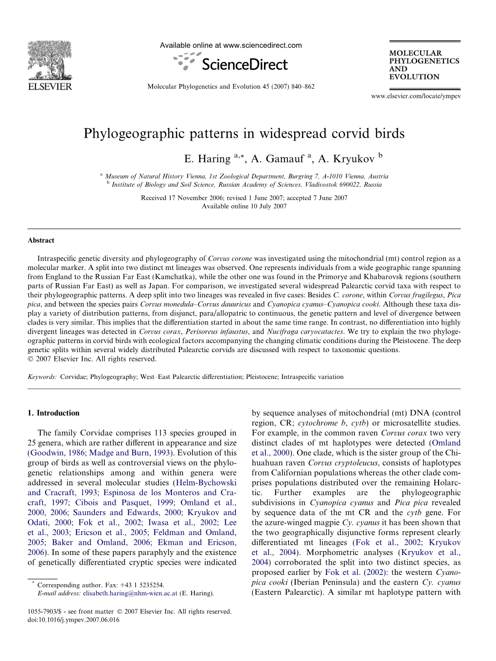 Phylogeographic Patterns in Widespread Corvid Birds