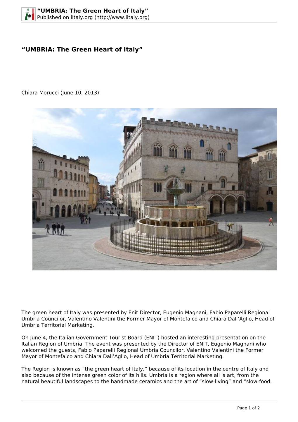 “UMBRIA: the Green Heart of Italy” Published on Iitaly.Org (