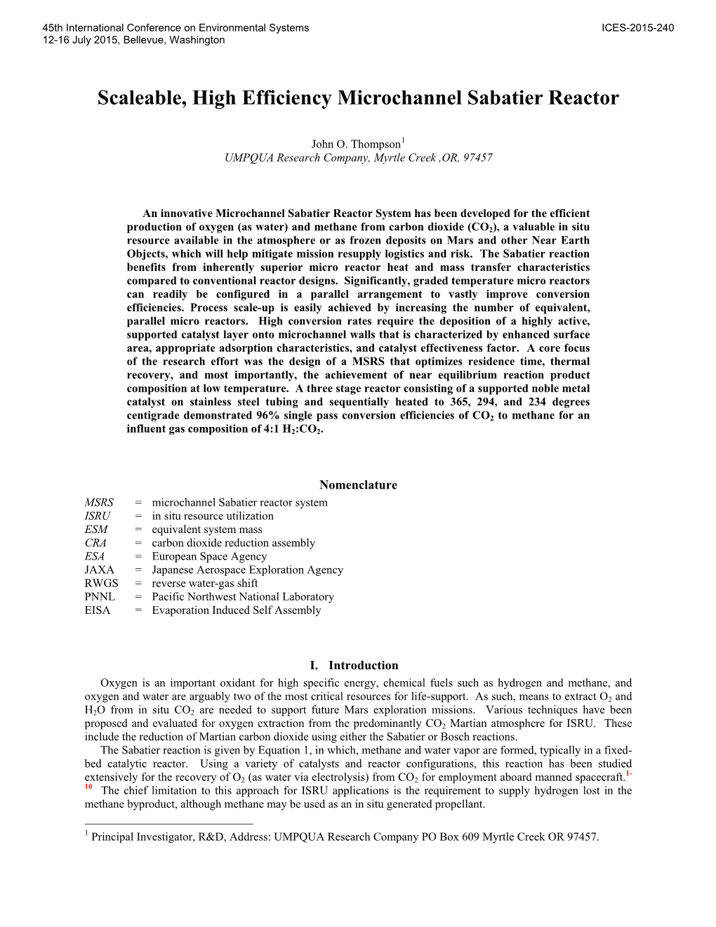 Scaleable, High Efficiency Microchannel Sabatier Reactor