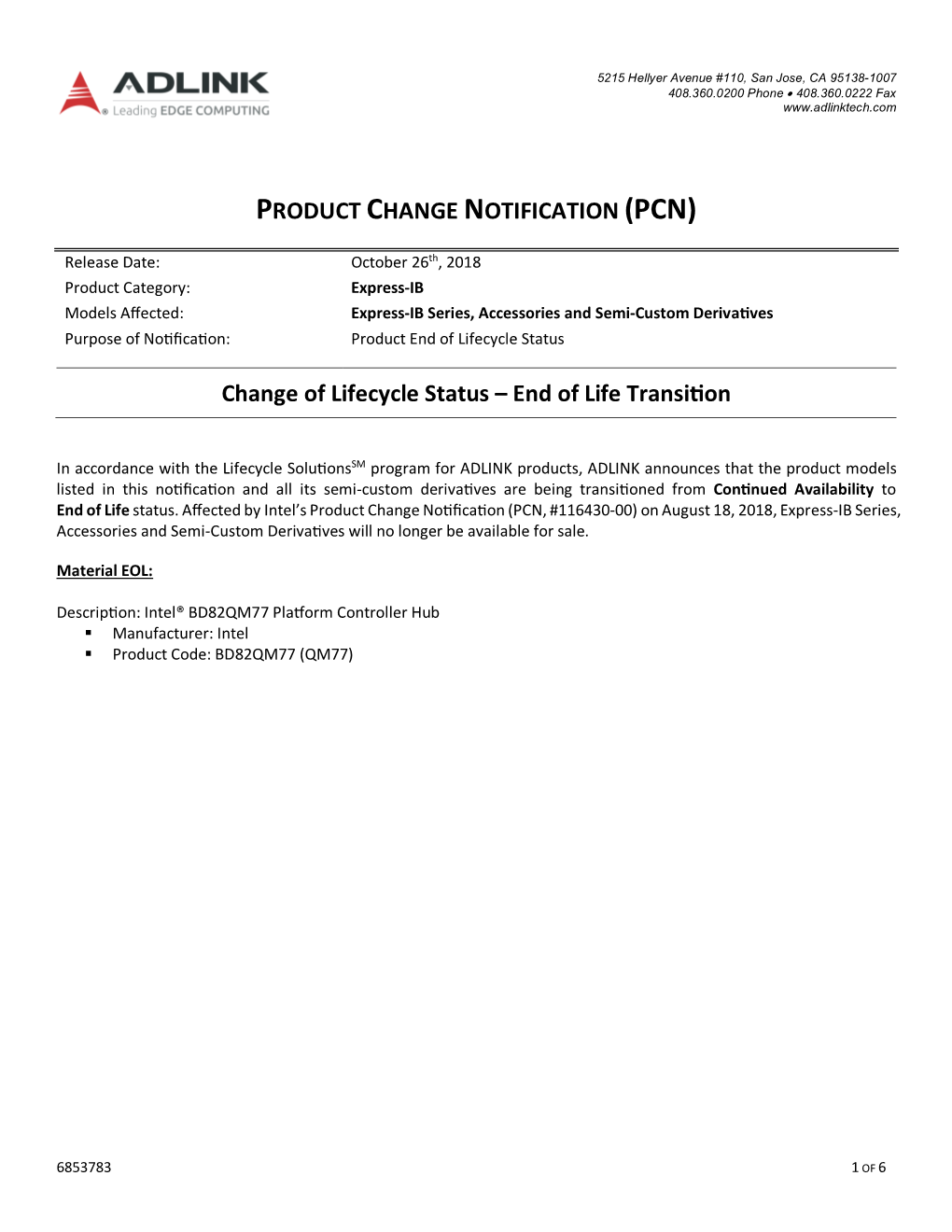 Product Change Notification (Pcn)